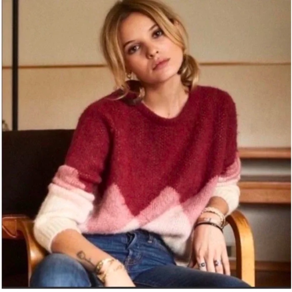 Sezane Crewneck Sweater in Burgundy, Pink & Cream